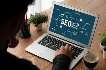 SEO search engine optimization for modish e-commerce and online retail business showing on computer...