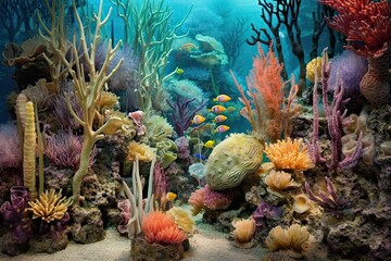 Naklejka na ściany i meble Vibrant Underwater Coral Garden: A Kaleidoscope of Colors and Bustling Marine Life, generative AI