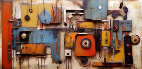 Abstract assemblage made with wood and metal and paint - background graphic
