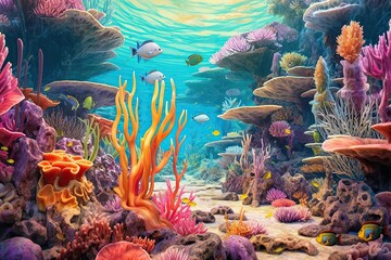 Fototapeta na wymiar Vibrant Marine Life: Exploring the Intricate Coral Formations and Colorful Fish in an Underwater Coral Reef, generative AI