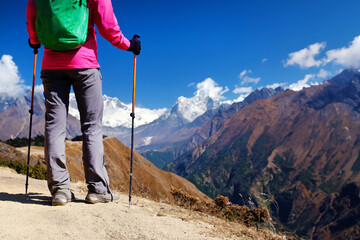 Everest Base Camp trek. Hiker walking in the mountains. Nepal, Everest Region - 631620107