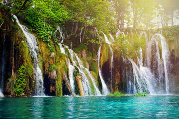Plitvice Lakes National Park, Croatia. Summer view of beautiful waterfalls in Plitvice Lakes - 631620156