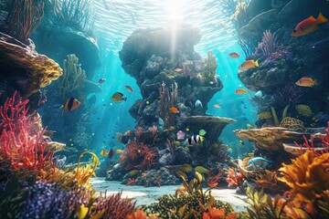 Obraz na płótnie Canvas Discover the Enchanting Wonders of an Underwater Paradise: Vibrant Coral Reefs, Tropical Fish, and Hidden Treasures Await!, generative AI