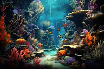 Fototapeta na wymiar Vibrant Marine Life and Colorful Coral Formations: Exploring an Underwater World of Wonders, generative AI