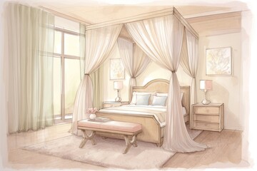 Canopy Bed and Peaceful Slumber in Dreamy Pastel Tones: A Bedroom Drawing, generative AI
