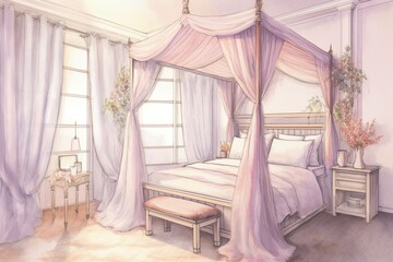 Fototapeta na wymiar Peaceful Slumber in a Dreamy Bedroom: Soft Pastel Tones and Canopy Bed, generative AI