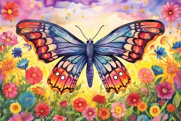 Graceful Butterfly Drawing in a Field of Wildflowers: Wings Painted with Rainbow Colors, generative AI