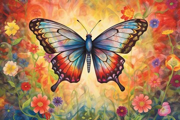 Wildflower Fantasy: Vibrant Rainbow Wings Gracefully Fluttering On a Butterfly Drawing, generative AI