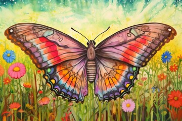 Rainbow-Colored Wings: Graceful Butterfly Fluttering Amidst a Field of Wildflowers, generative AI