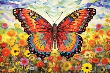 Rainbow-Colored Wings: Graceful Butterfly Fluttering Amidst a Field of Wildflowers in a Stunning Drawing, generative AI