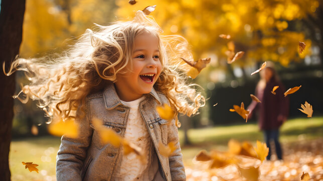 Le visage d'un enfant heureux en automne.
