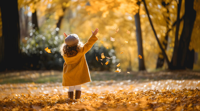 Une petite fille jetant des feuilles dans un parc en automne.