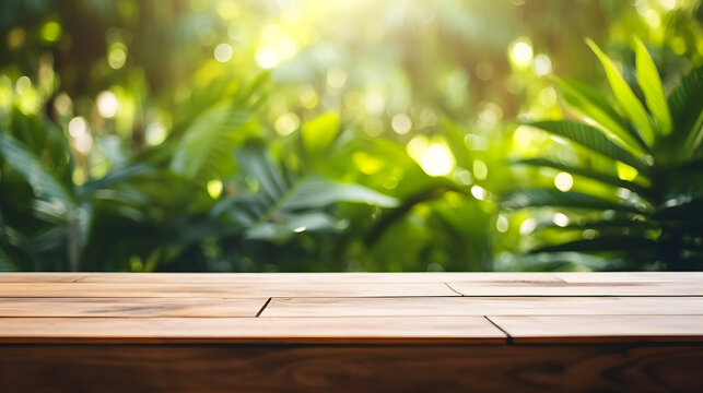Une table en bois vide avec des palmiers en arrière-plan.