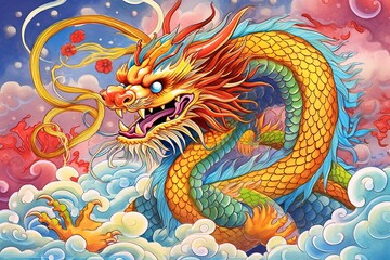 Vibrant Celebratory Chinese Dragon Drawing: Symbol of Good Fortune and Prosperity, generative AI