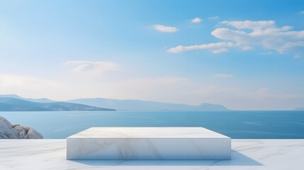 Une table en marbre au bord de mer pour la présentation d'un produit. 