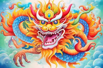 Vibrant Celebratory Colors: Traditional Chinese Dragon Drawing, Symbol of Good Fortune and Prosperity, generative AI