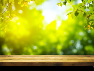 Naklejka na ściany i meble Wood table top on blurred grassy green background for montage or display your products
