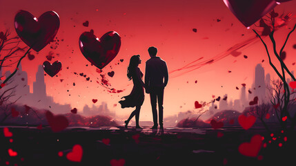 Une femme et un homme en couple qui se tiennent la main en une illustration. Concept pour la Saint-Valentin avec des cœurs et deux personnes amoureuses. - obrazy, fototapety, plakaty