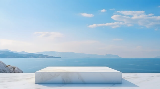 Une table en marbre au bord de mer pour la pr&eacute;sentation d'un produit. 