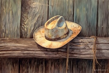 Echoes of the Wild West: Weathered Cowboy Hat Resting on a Rustic Wooden Fence Drawing, generative AI