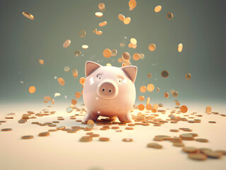 Coins of gold rained into the pink piggy bank, overflowing onto the floor.