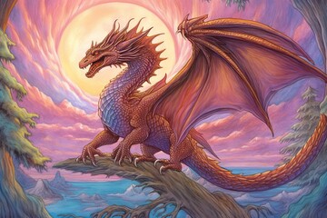 Obraz premium Powerful and Wise: Majestic Dragon Soaring Through a Mystical Landscape in Stunning Drawings, generative AI