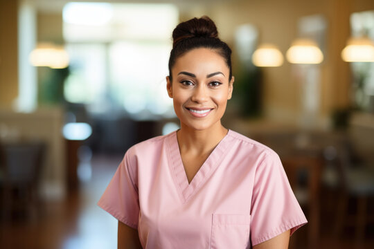 Young hispanic nurse , wearing light pink medical scrubs