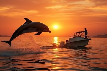 Dolphin jump in the blue sea in a picturesque place