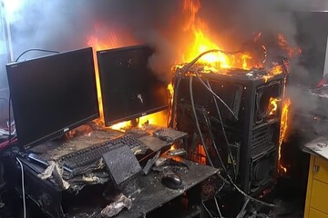 Fire scene unfolds as a personal computer, overwhelmed by intensive work