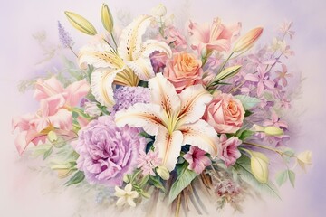 Pastel Floral Bouquet: Exquisite Drawings Blooming with Fragrance and Delicacy, generative AI