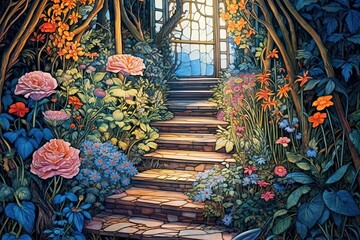 Fototapeta na wymiar Enchanted Secret Garden: Blooming Flowers, Whimsical Pathways, and Sunlit Nooks - A Delightful Garden Drawing, generative AI