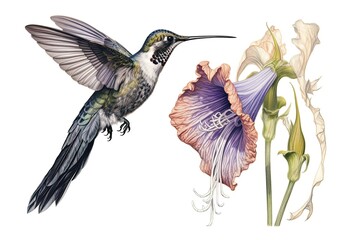 Exotic Orchids: Delicate Hummingbird Sipping Nectar, Wings Fluttering in Graceful Motion, generative AI