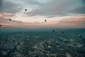 The beautiful hot air balloons in Cappadocia at sunrise