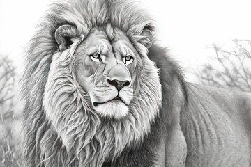Regal Lion: Majestic Mane, Powerful Presence & King of the Savanna in Stunning Drawing, generative AI
