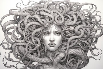 Enigmatic Medusa: Serpent Hair, Piercing Eyes, Stone Gaze in a Drawing, generative AI