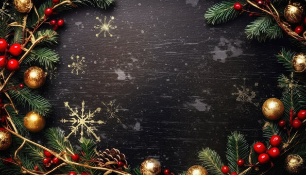 Christmas decoration and happy New Year background with copy space. Generative ai