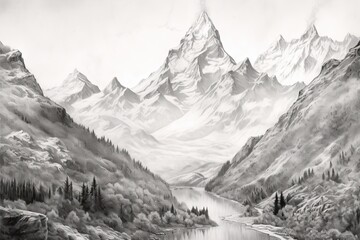 Majestic Snow-Capped Mountains: Conquering Heights in Serene Valleys - A Breathtaking Mountain Drawing, generative AI