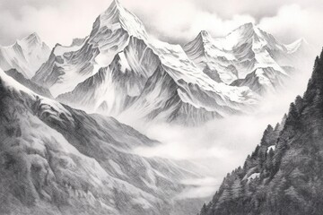 Adventure Beckons: Towering Snow-Capped Mountains and Misty Valleys in a Breathtaking Drawing, generative AI