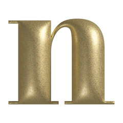 Letter N realistic gold 3d texture. Metal, inflate, lower case n serif font, isolated on transparent background.