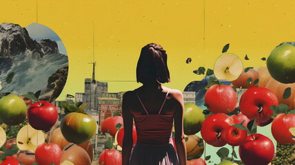 Picture of model with fruit around isolated on psychedelic gradient 80s background