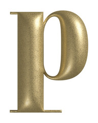 Letter P realistic gold 3d texture. Metal, inflate, lower case p serif font, isolated on transparent background.