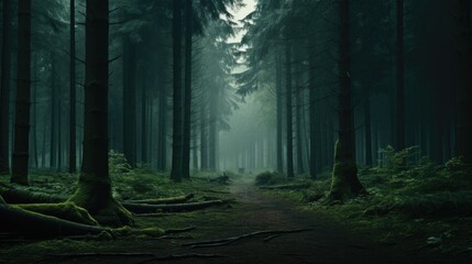 Foggy forest panorama. Creepy fairytale looking woods on a misty day.3