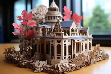 A digital art, Building crafted by papers in kirigami style illustration, quilling