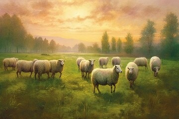 Peaceful Flock of Sheep Grazing: Embracing Harmony and Tranquility on Green Pastures, generative AI