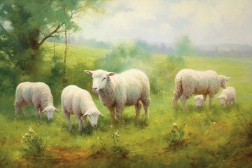 Obraz premium Fluffy White Sheep in Serene Countryside: Flock Grazing in a Verdant Meadow, generative AI