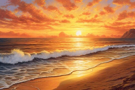 Drawing: Glorious Sunrise on a Sandy Beach - Warm Hues Painting Sky and Ocean, generative AI