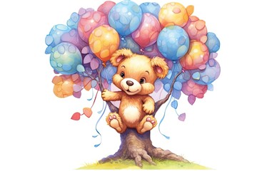 Colorful Balloons and Innocence: An Adorable Teddy Bear Hugging a Bouquet in a Joyful Drawing, generative AI