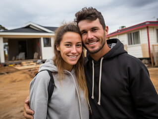 Naklejka premium A joyful young couple stands before their new home, excitement and anticipation radiating from their smiles as they embark on this new chapter together. Generative AI