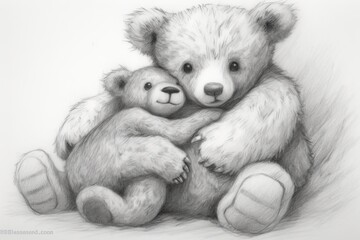 Sweet Teddy Bear Drawing: Comfort and Unconditional Love as it Cuddles with a Child, generative AI