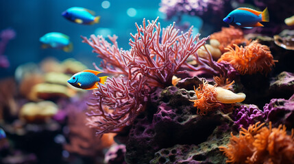 Naklejka na ściany i meble Colorful tropical coral reef with fish. Vivid multicolored corals in the sea aquarium. Beautiful Underwater world. Vibrant colors of coral reefs under bright neon purple light made with AI generative 